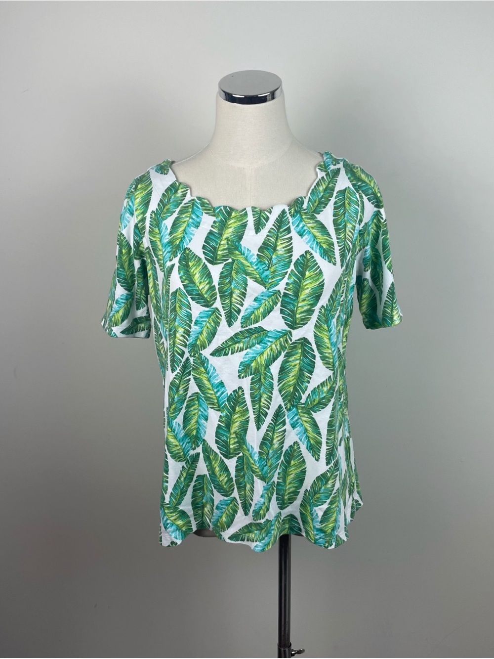 Kim Rogers Perfectly Soft Green White Floral Tropical Leaf Print Top Women Small